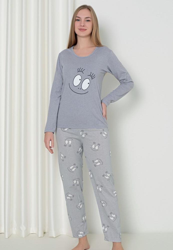 Pijama Damă – Mâneca Lungă, Pantalon Lung, Smile Gri
