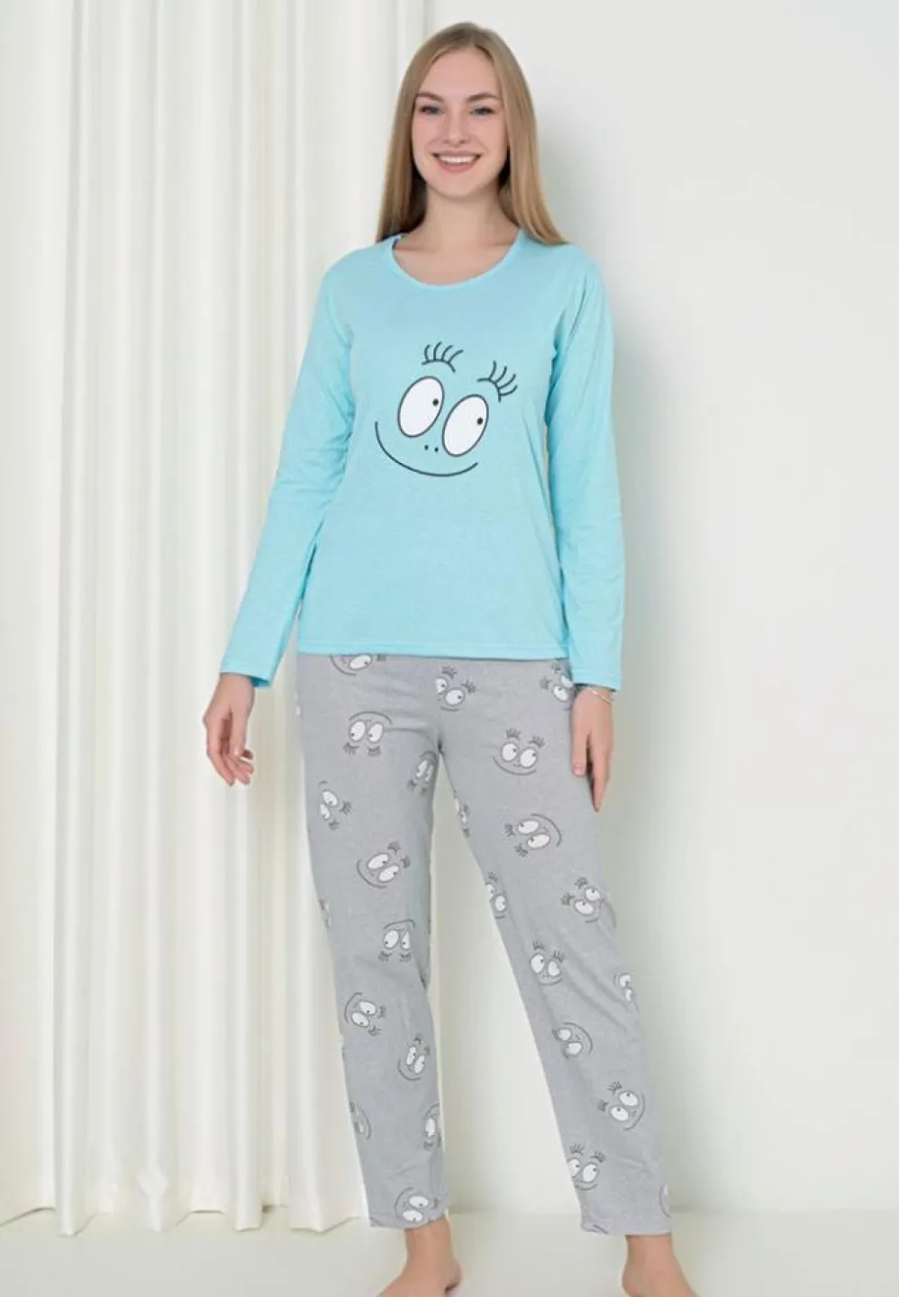 Pijama Damă – Mâneca Lungă, Pantalon Lung, Smile Turcoaz - 1