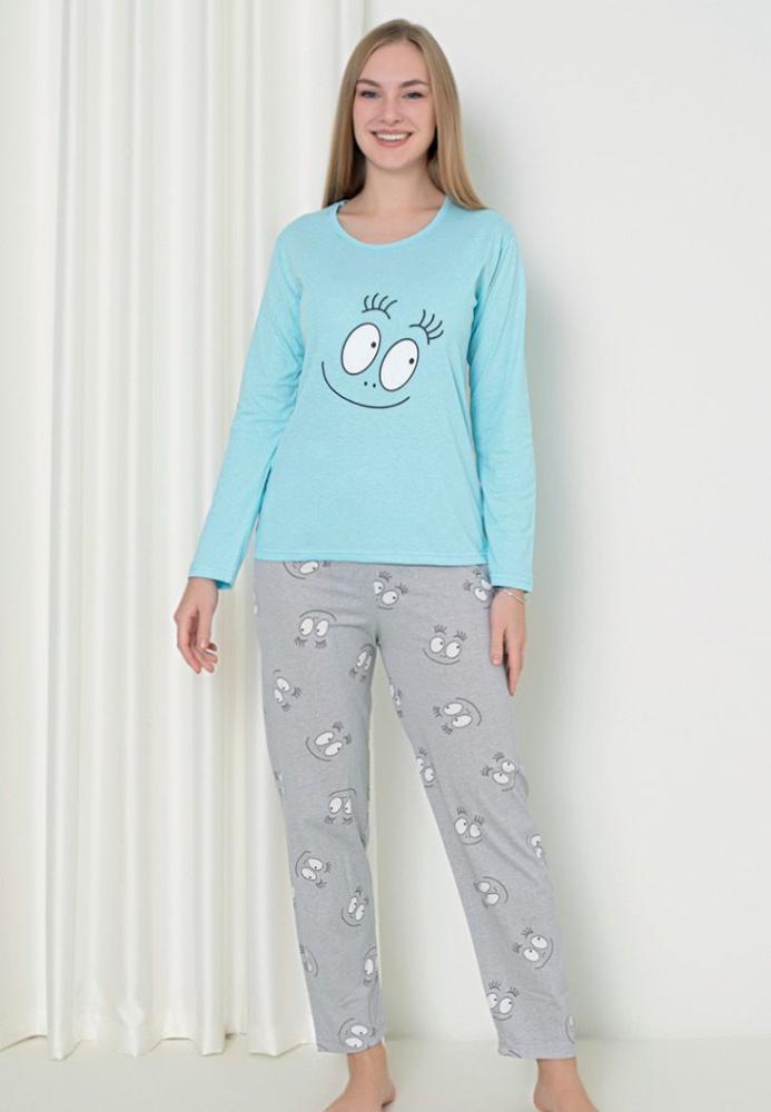 Pijama Damă – Mâneca Lungă, Pantalon Lung, Smile Turcoaz