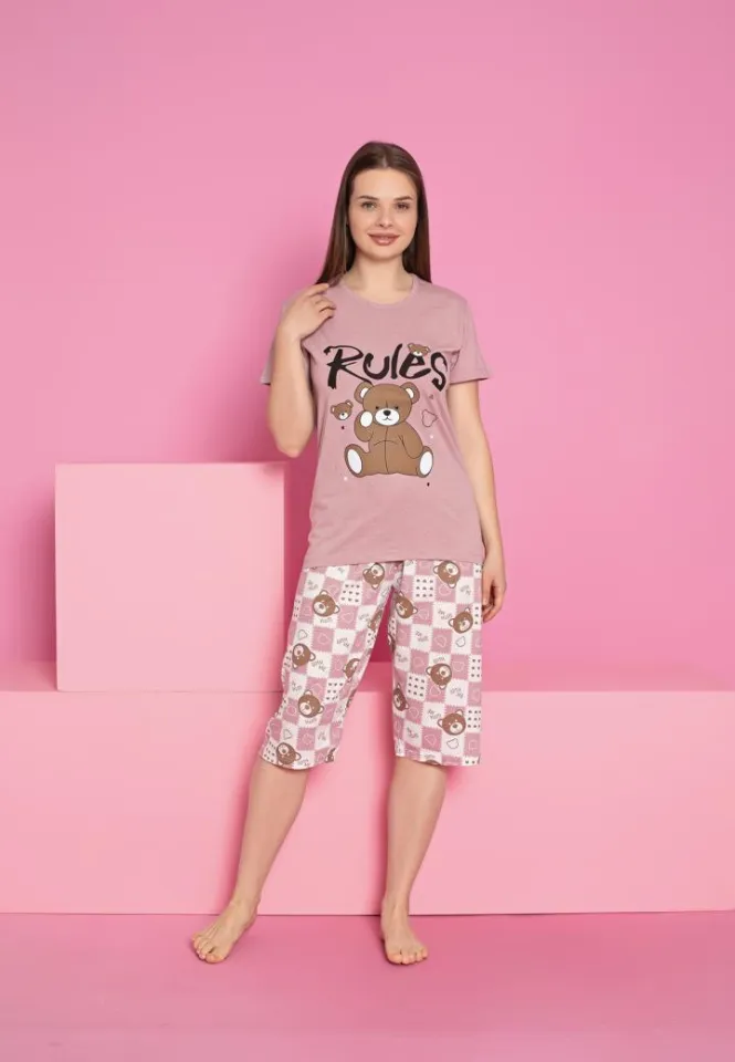 Pijama damă din bumbac cu ursuleț – mânecă scurtă, pantalon 3/4