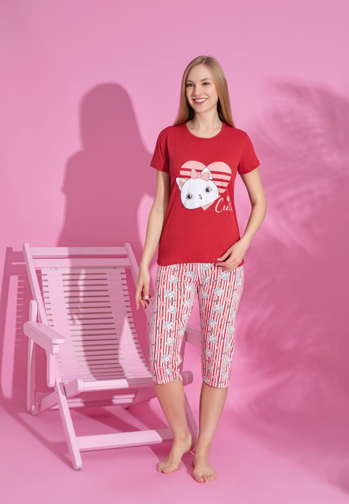 Pijama damă bumbac roșu – mânecă scurtă, pantalon 3/4, model Cute