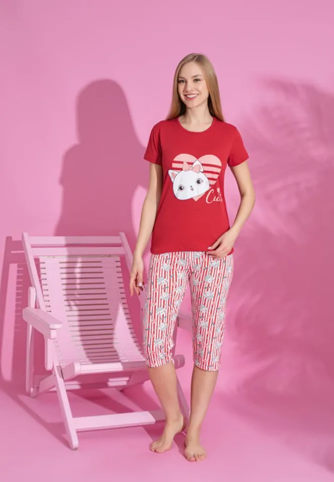 Pijama damă bumbac roșu – mânecă scurtă, pantalon 3/4, model Cute