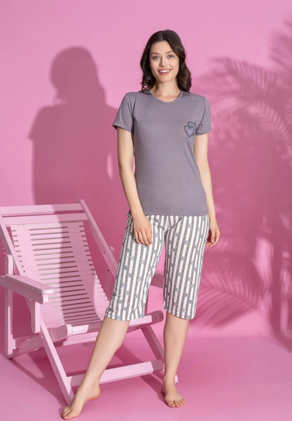 Pijama damă bumbac – mânecă scurtă și pantaloni 3/4 cu inimioare - 1