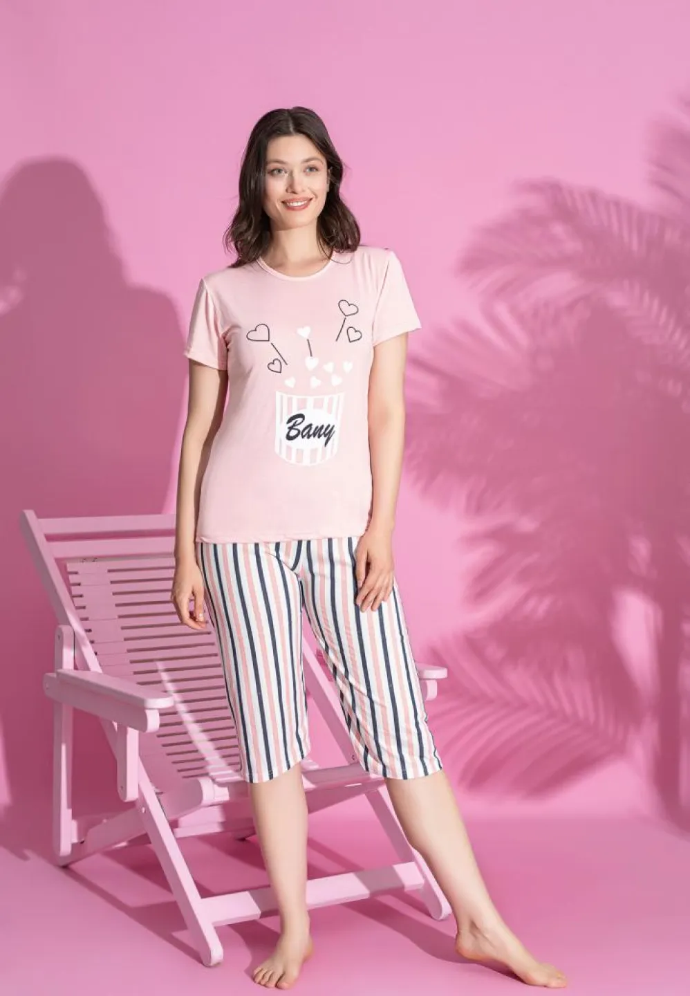 Pijama damă bumbac roz – mânecă scurtă, pantalon 3/4 cu inimioare - 1