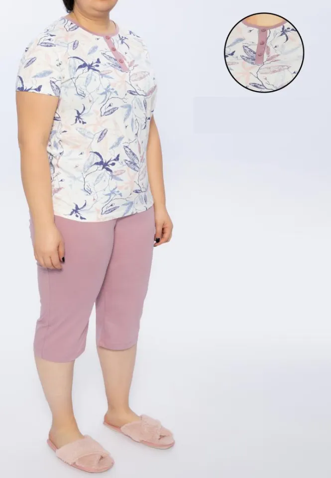 Pijama Dama Bumbac Mărimi Mari – Mov, Baza Gâtului cu 3 Nasturi și Flori