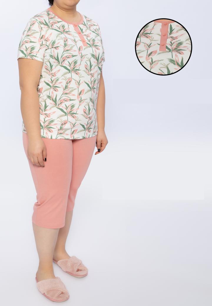 Pijama Dama Bumbac Mărimi Mari – Roz, Model Floral cu 3 Nasturi la Gât