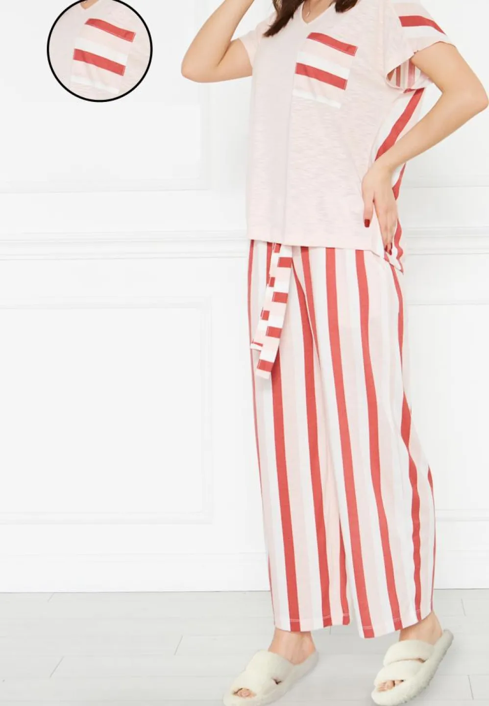 Pijama Dama Bumbac – Mânecă Scurtă, Pantaloni Lungi și Buzunar pe Piept - 1