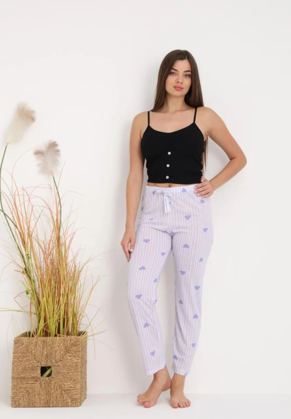 Pantaloni Lungii de Pijama Damă cu Imprimeu Inimioare Mov – Confort și Relaxare - 1