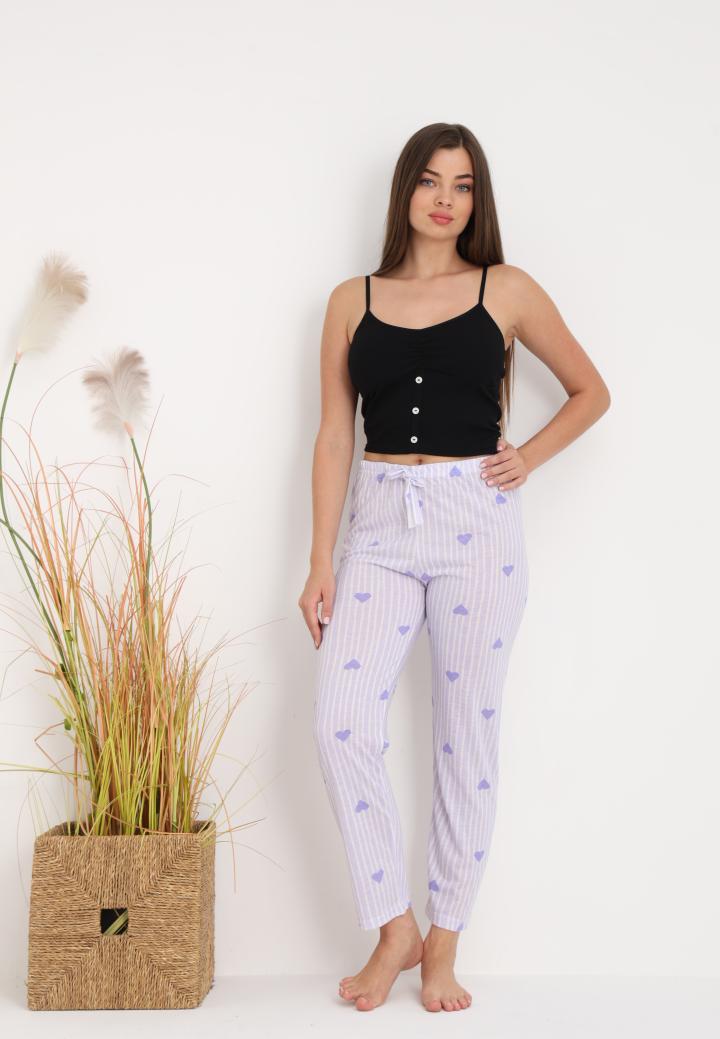 Pantaloni Lungii de Pijama Damă cu Imprimeu Inimioare Mov – Confort și Relaxare