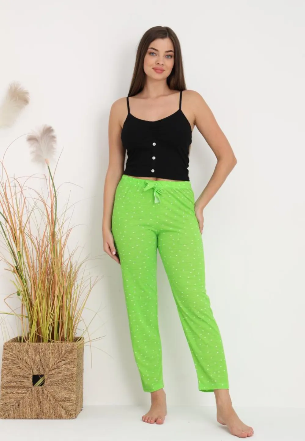 Pantaloni Lungii de Pijama Damă cu Imprimeu Buline Verde – Confort și Stil - 3