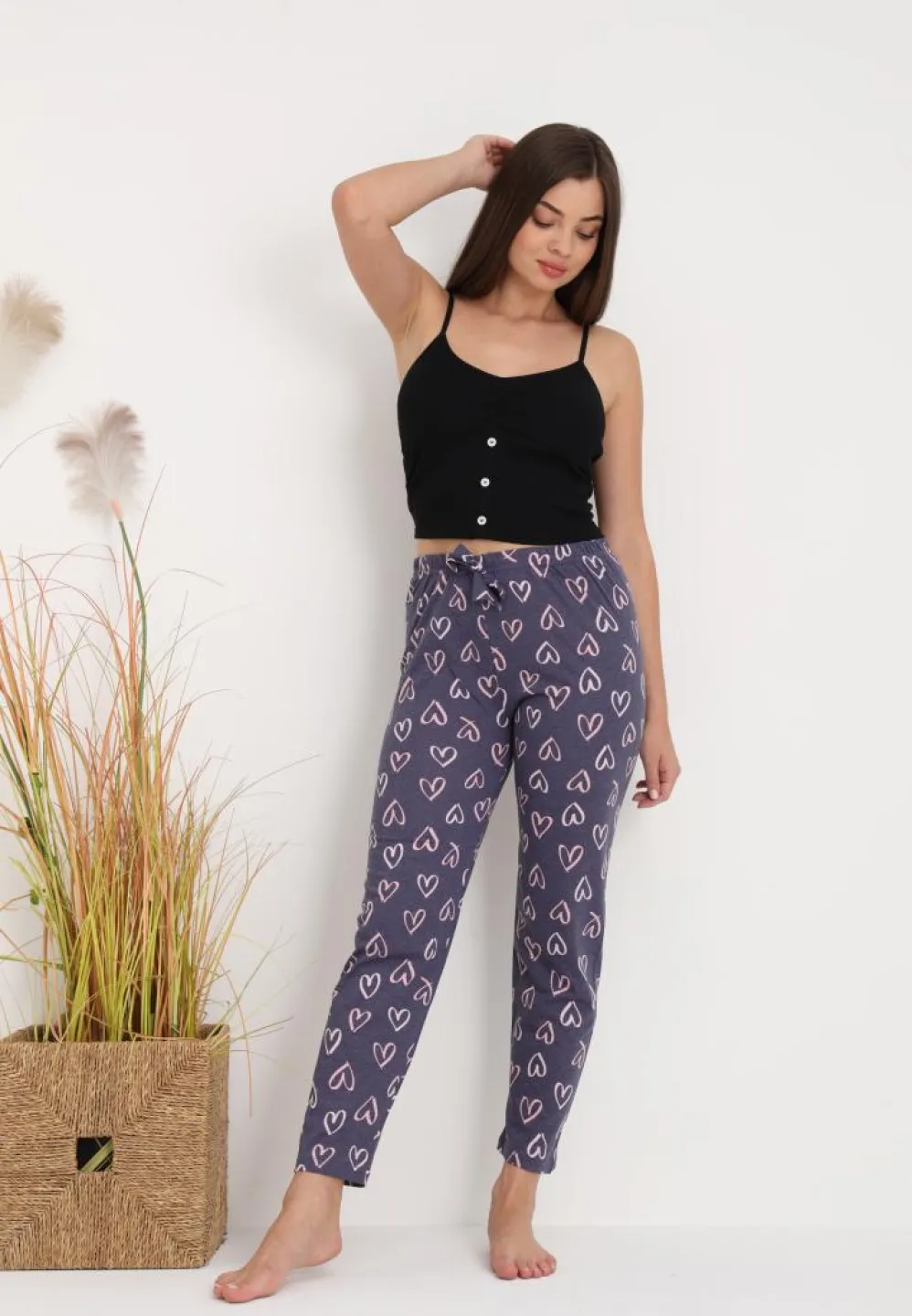 Pantaloni Lungii de Pijama Damă cu Imprimeu Inimioare Gri – Confort și Relaxare - 4