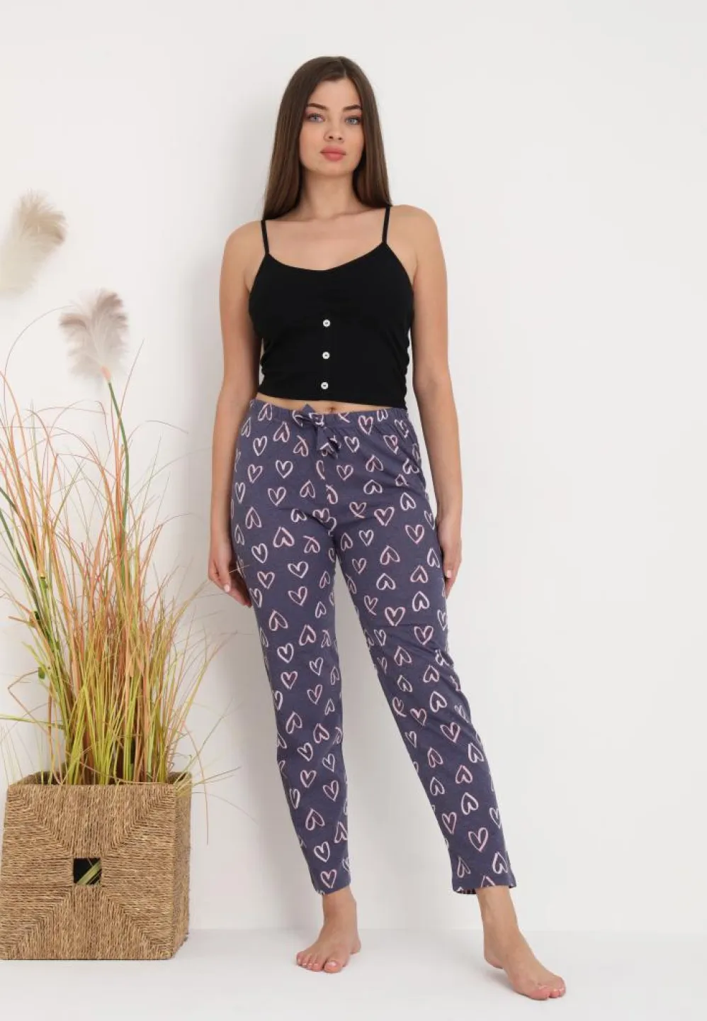 Pantaloni Lungii de Pijama Damă cu Imprimeu Inimioare Gri – Confort și Relaxare - 5