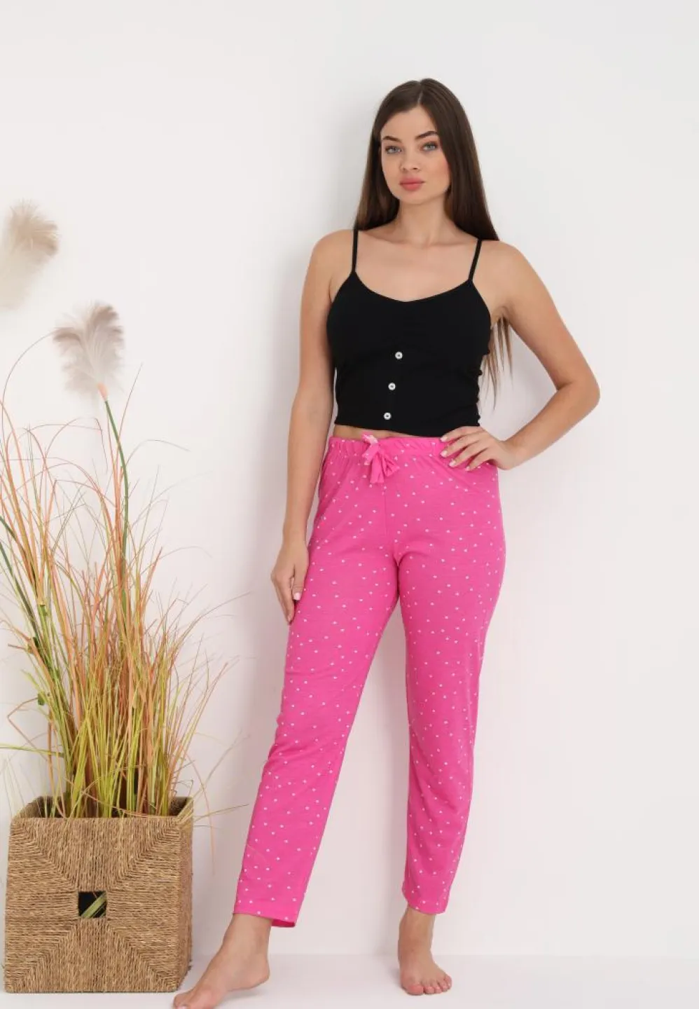 Pantaloni Damă lungi – Confort și Relaxare cu imprimeu buline roz - 1