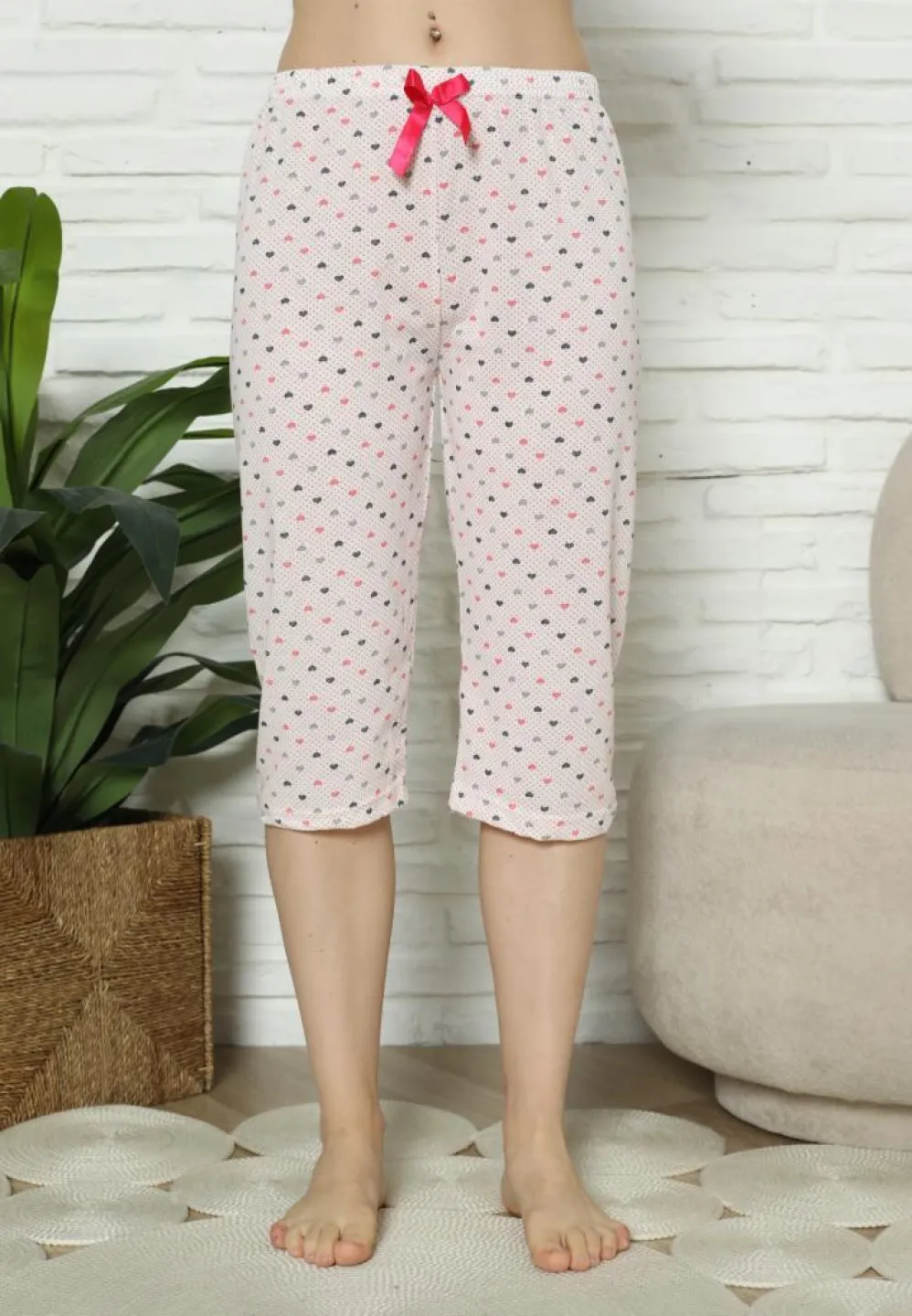 Pantaloni Pijama Damă Treisferturi, roz, inimi - 4