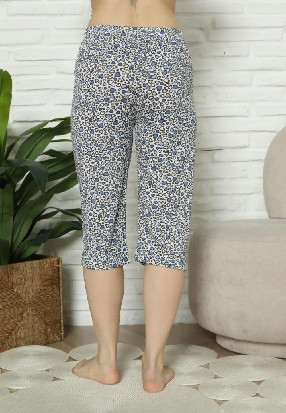 Pantaloni Pijama Damă Treisferturi, albastru, inimi - 2