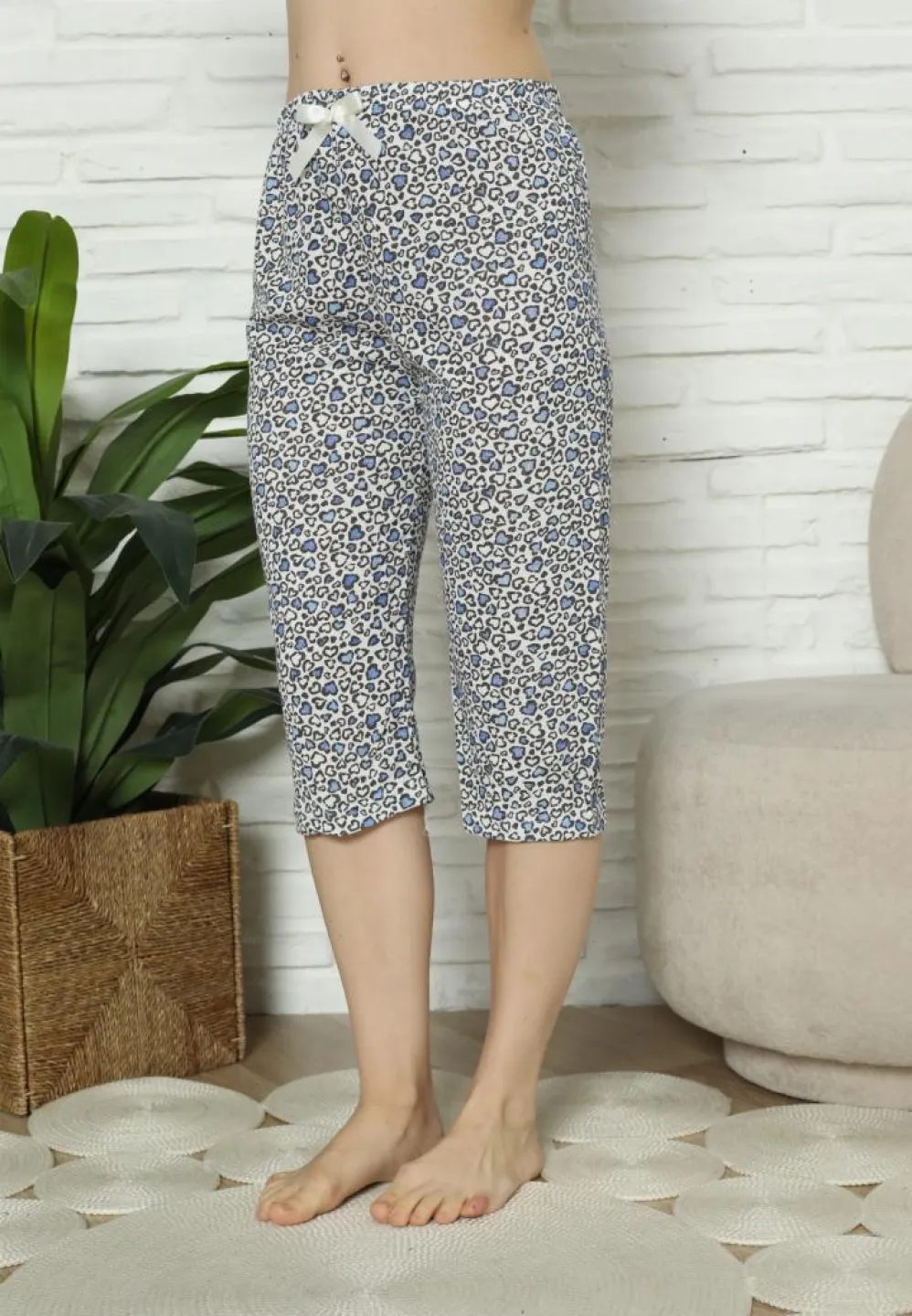 Pantaloni Pijama Damă Treisferturi, albastru, inimi - 5