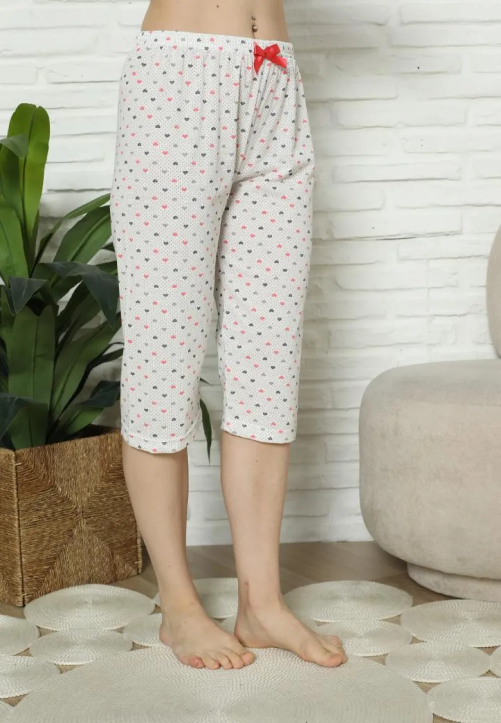 Pantaloni Pijama Damă Treisferturi, alb, inimi - 1
