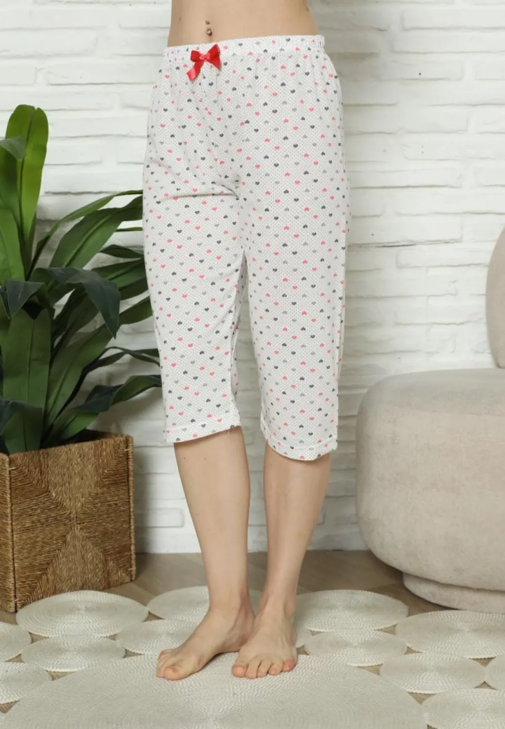 Pantaloni Pijama Damă Treisferturi, alb, inimi - 2