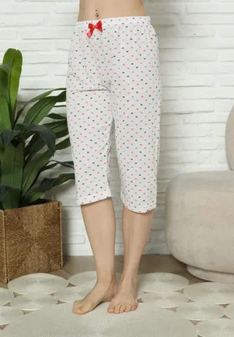 Pantaloni Pijama Damă Treisferturi, alb, inimi hover