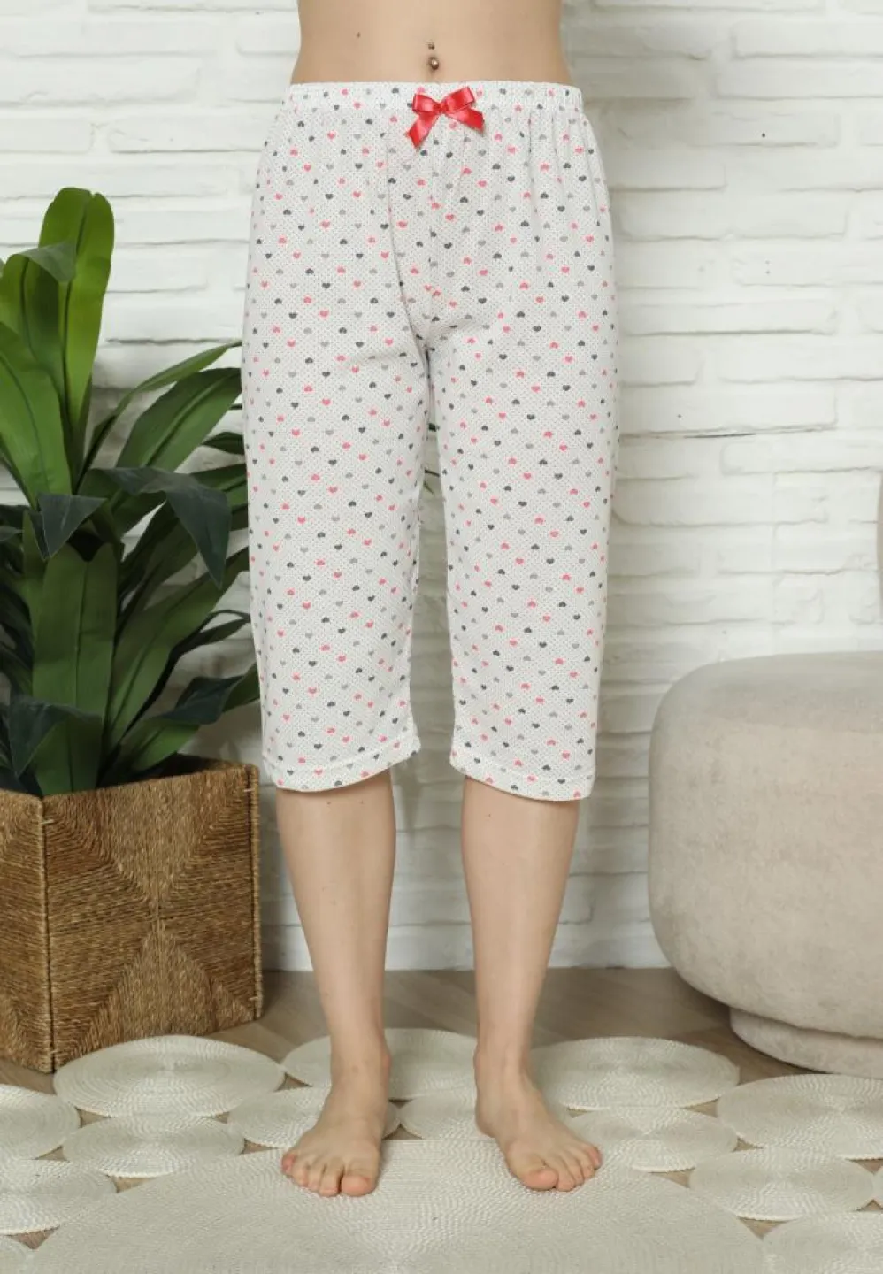 Pantaloni Pijama Damă Treisferturi, alb, inimi - 4