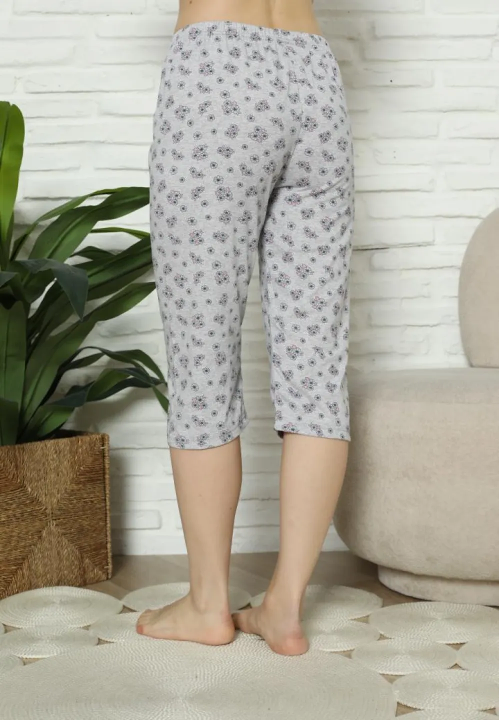 Pantaloni Pijama Damă Treisferturi, gri, flori - 2