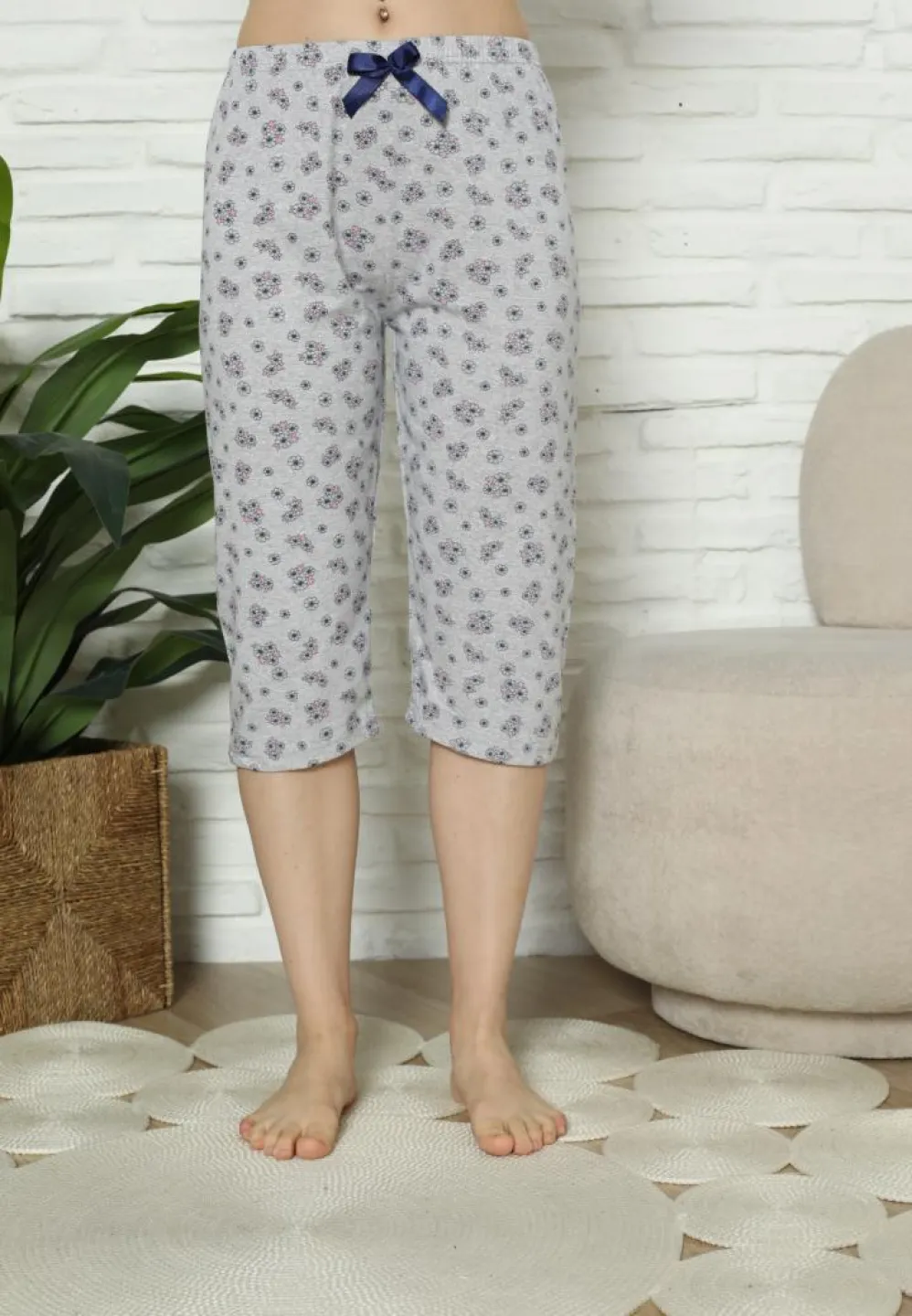 Pantaloni Pijama Damă Treisferturi, gri, flori - 1