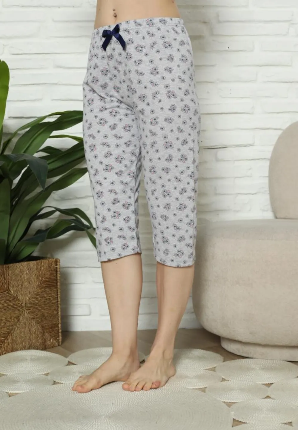 Pantaloni Pijama Damă Treisferturi, gri, flori - 3