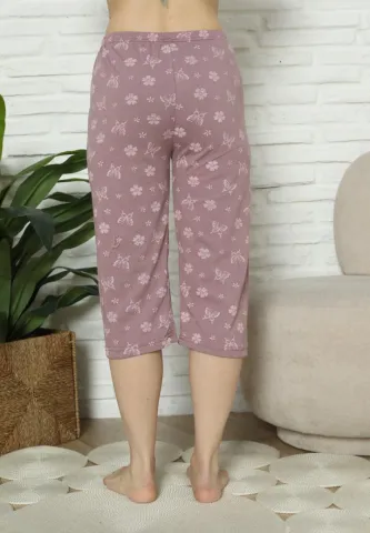 Pantaloni Pijama Damă Treisferturi, mov, flori hover