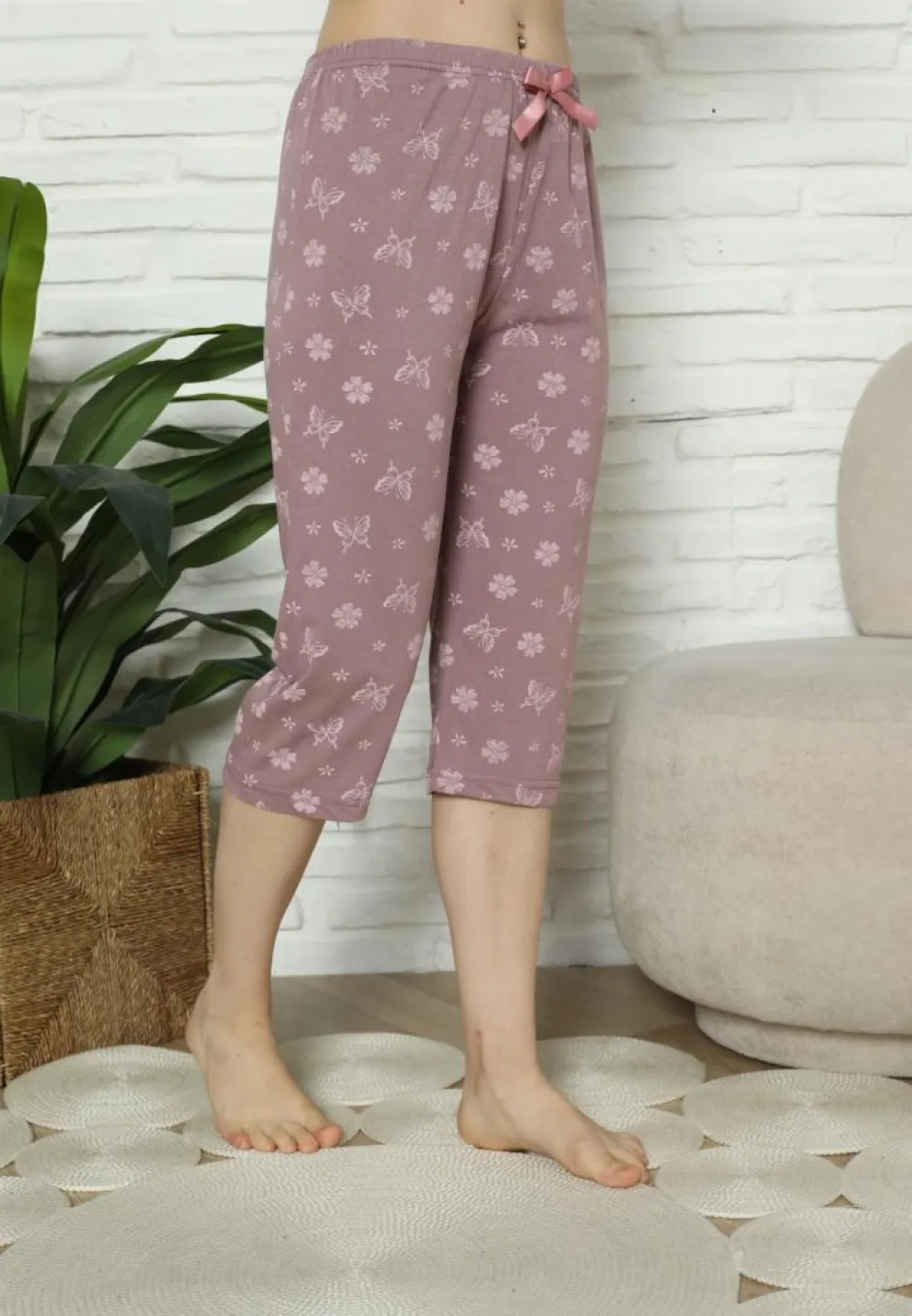 Pantaloni Pijama Damă Treisferturi, mov, flori - 3
