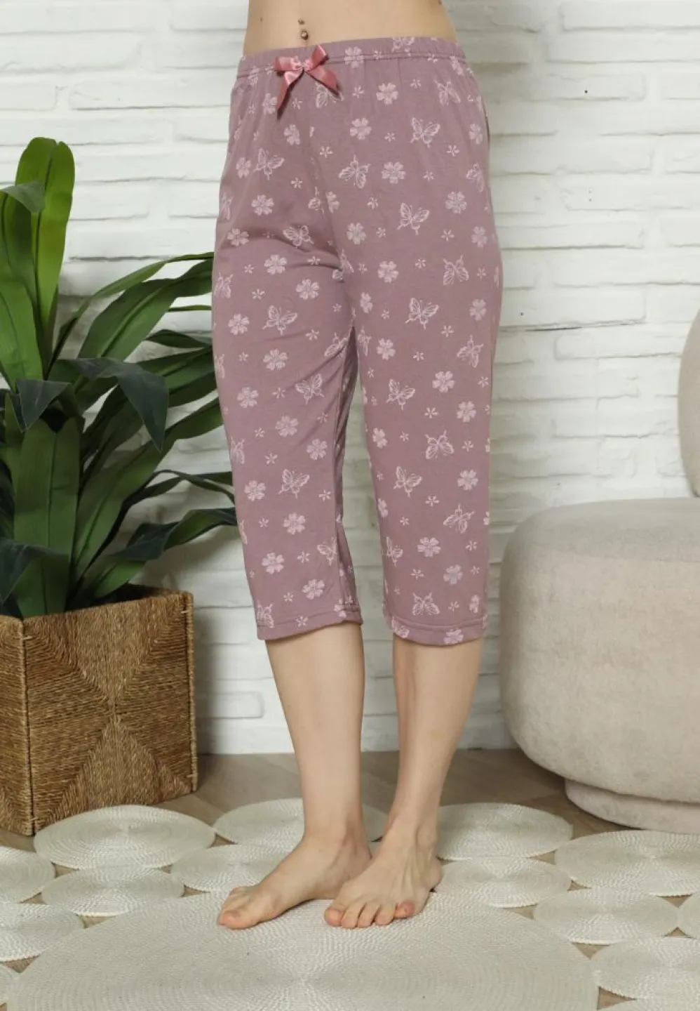 Pantaloni Pijama Damă Treisferturi, mov, flori - 4
