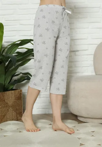 Pantaloni Pijama Damă Treisferturi, gri, fundițe hover
