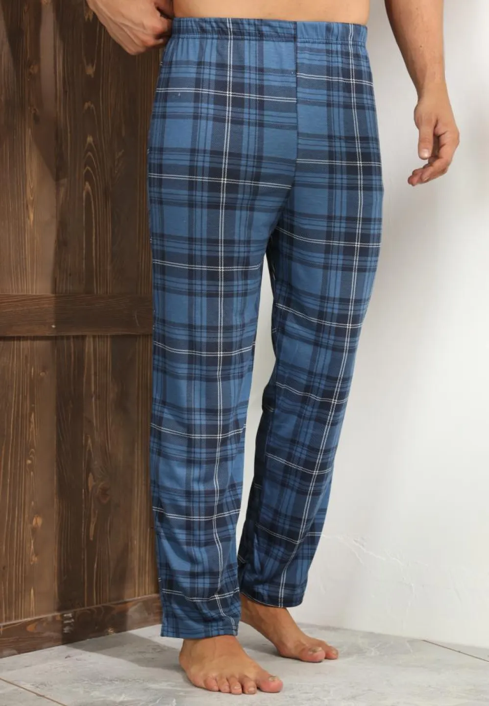 Pantalon pijama bărbați albastru închis cu carouri – croială lejeră - 4