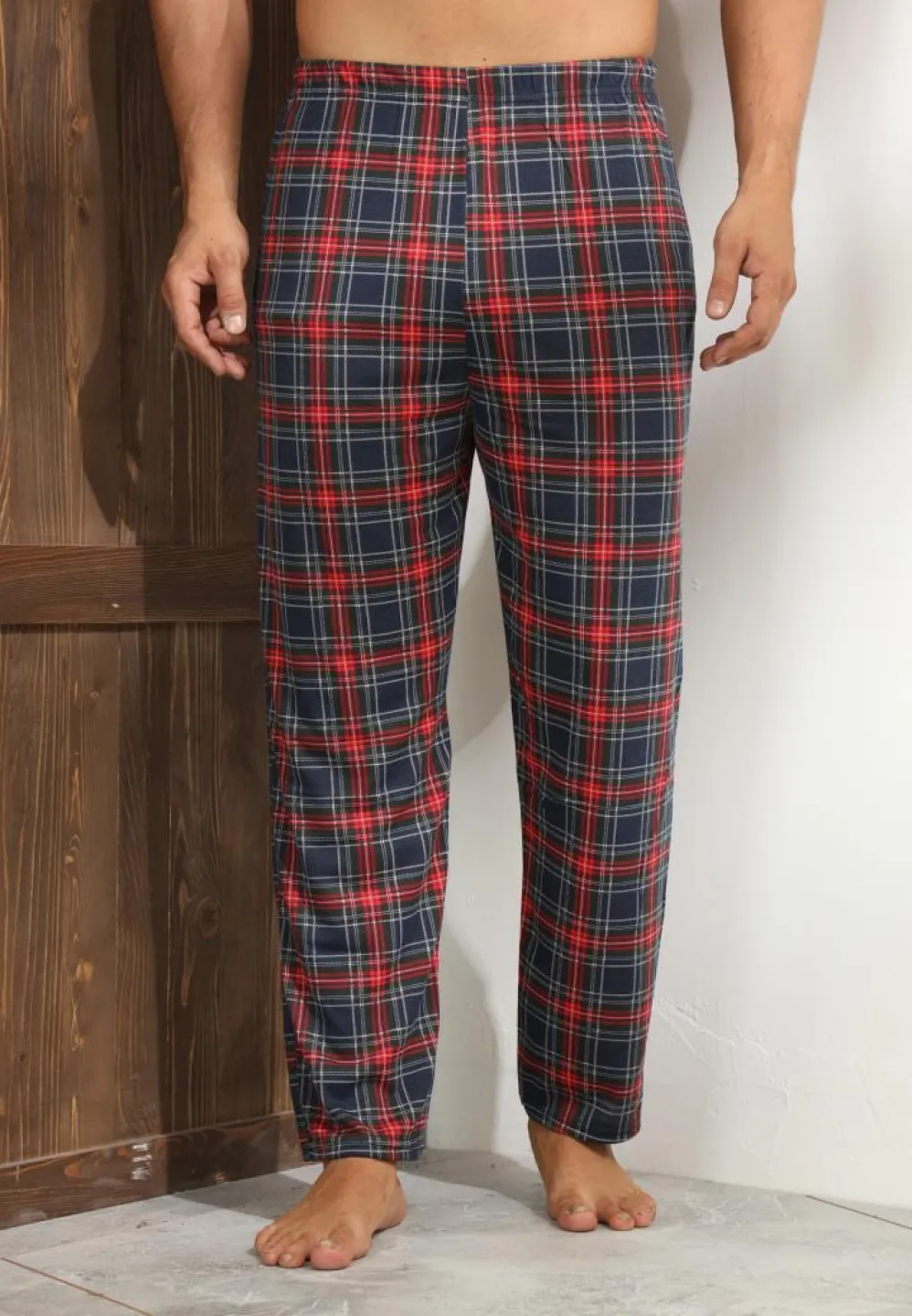 Pantaloni pijama bărbați albastru închis cu carouri roșii – croială relaxantă - 3