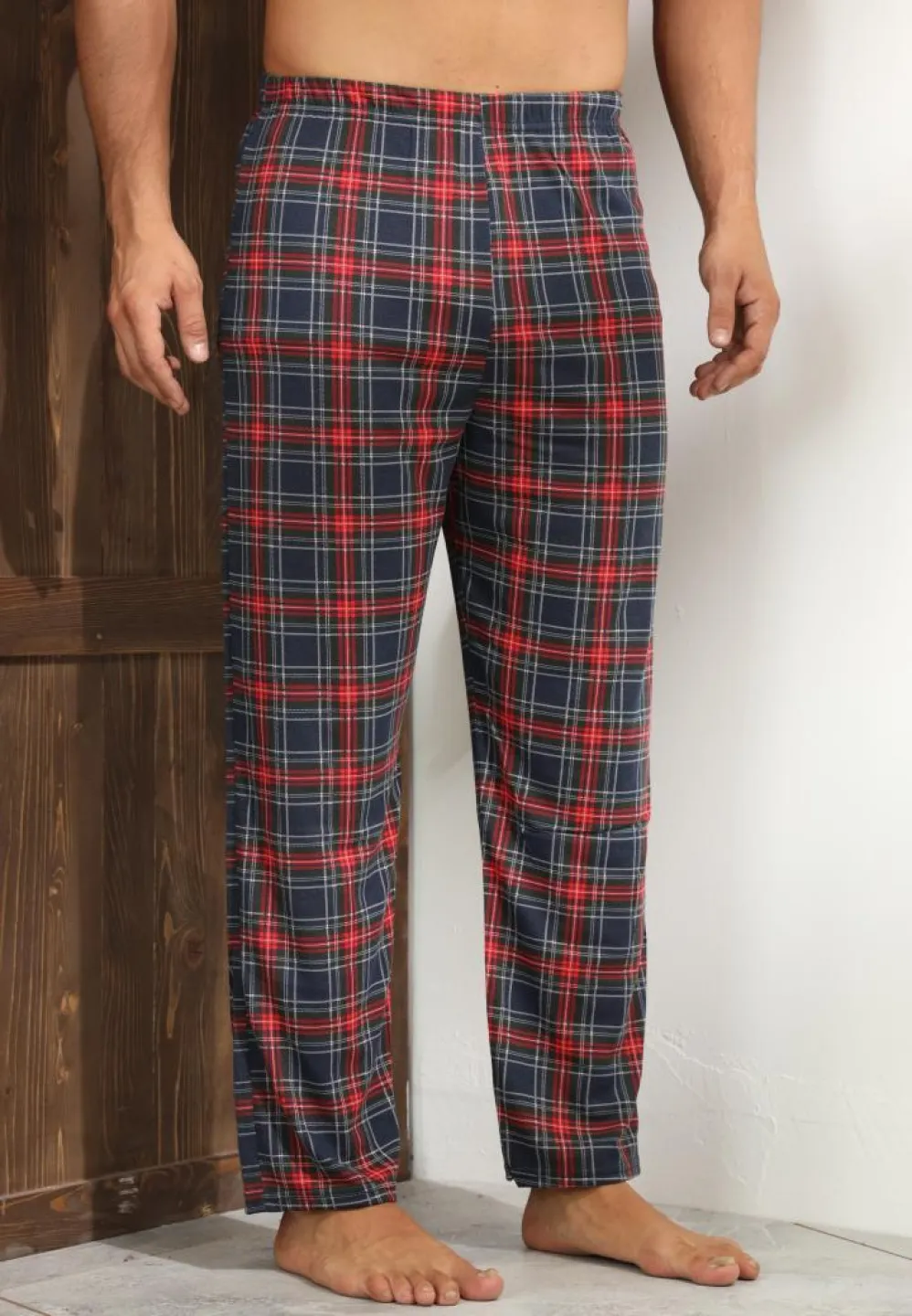 Pantaloni pijama bărbați albastru închis cu carouri roșii – croială relaxantă - 4