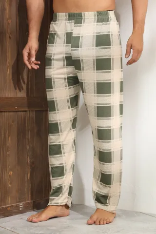 Pantaloni de pijama bărbați – bej cu carouri verzi, lejeri și comozi-M
