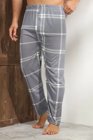 Pantalon pijama bărbați – gri închis, model carouri albe,M