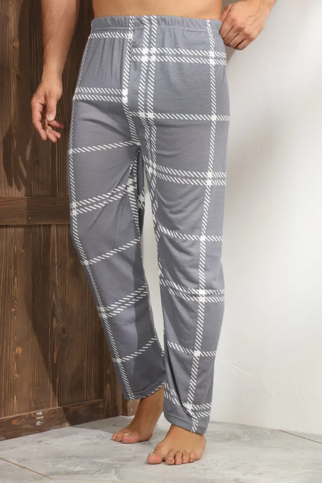 Pantalon pijama bărbați – gri închis, model carouri albe,M