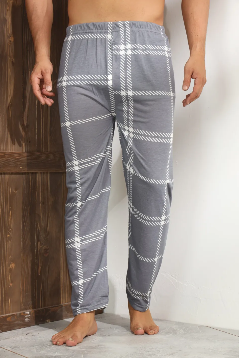 Pantalon pijama bărbați – gri închis, model carouri albe,M - 4