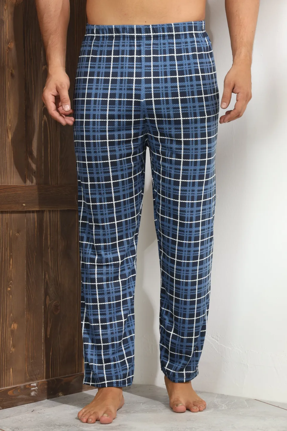 Pantalon pijama bărbați – bleumarin cu carouri albe și pătrățele negre,M - 4