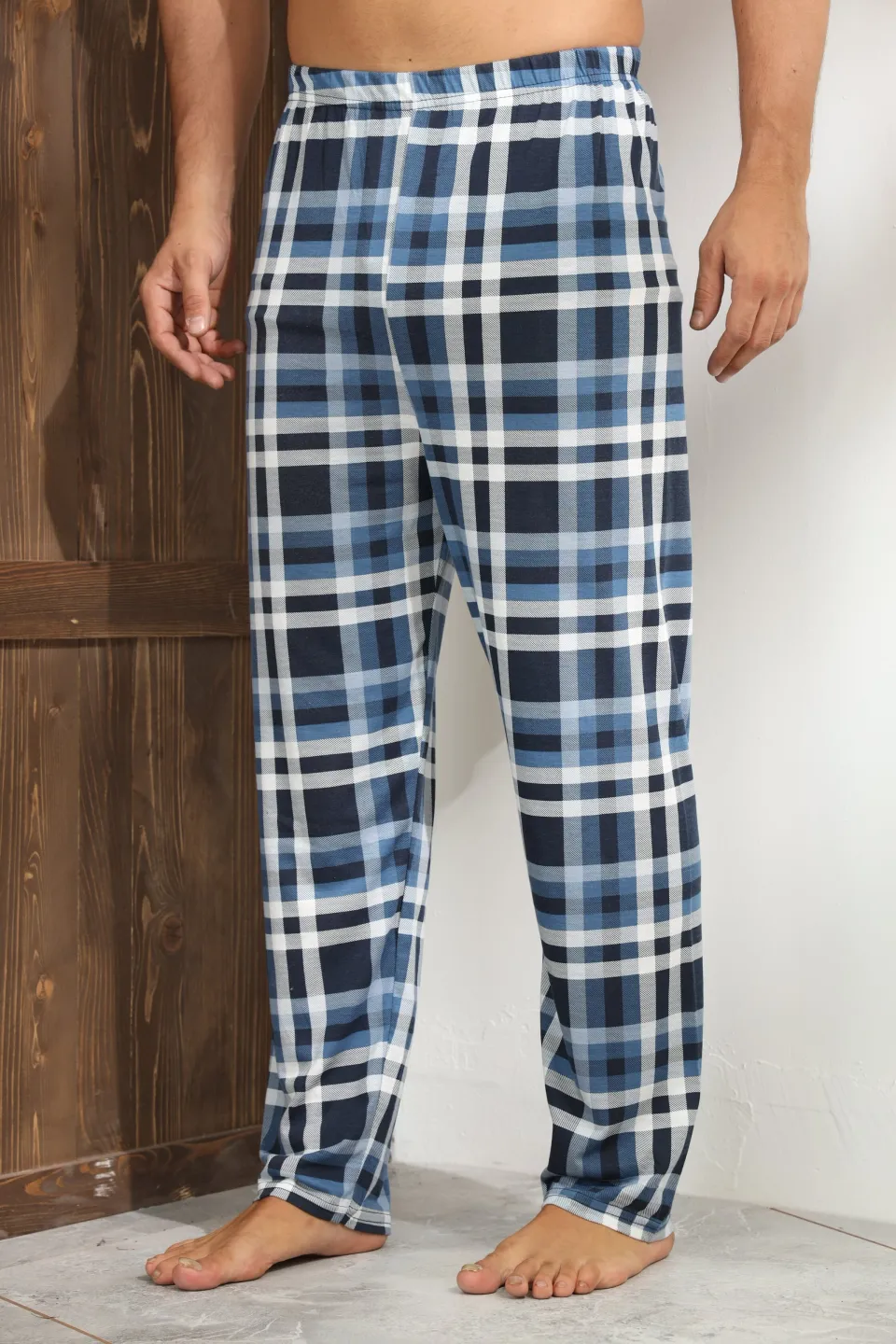 Pantalon pijama bărbați – pătrățele negre și dungi albe pe fond albastru închis,M - 4