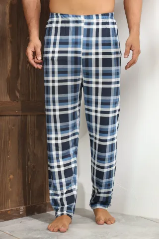 Pantalon pijama bărbați – pătrățele negre și dungi albe pe fond albastru închis,M