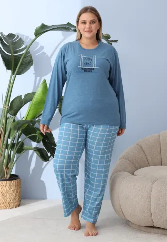 Pijama Damă Big Size Albastru Închis – Imprimeu Pretty Girl, 100% Bumbac, 2XL