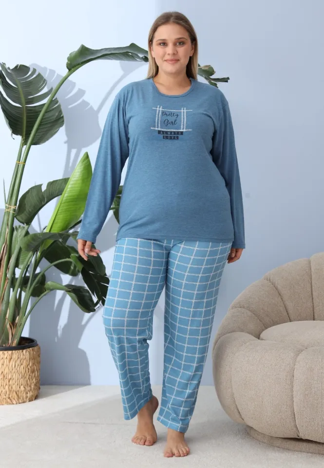 Pijama Damă Big Size Albastru Închis – Imprimeu Pretty Girl, 100% Bumbac, 2XL