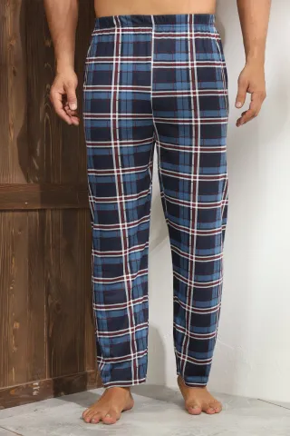 Pantalon pijama bărbați – albastru cu carouri roșii și albe, croială lejeră,M