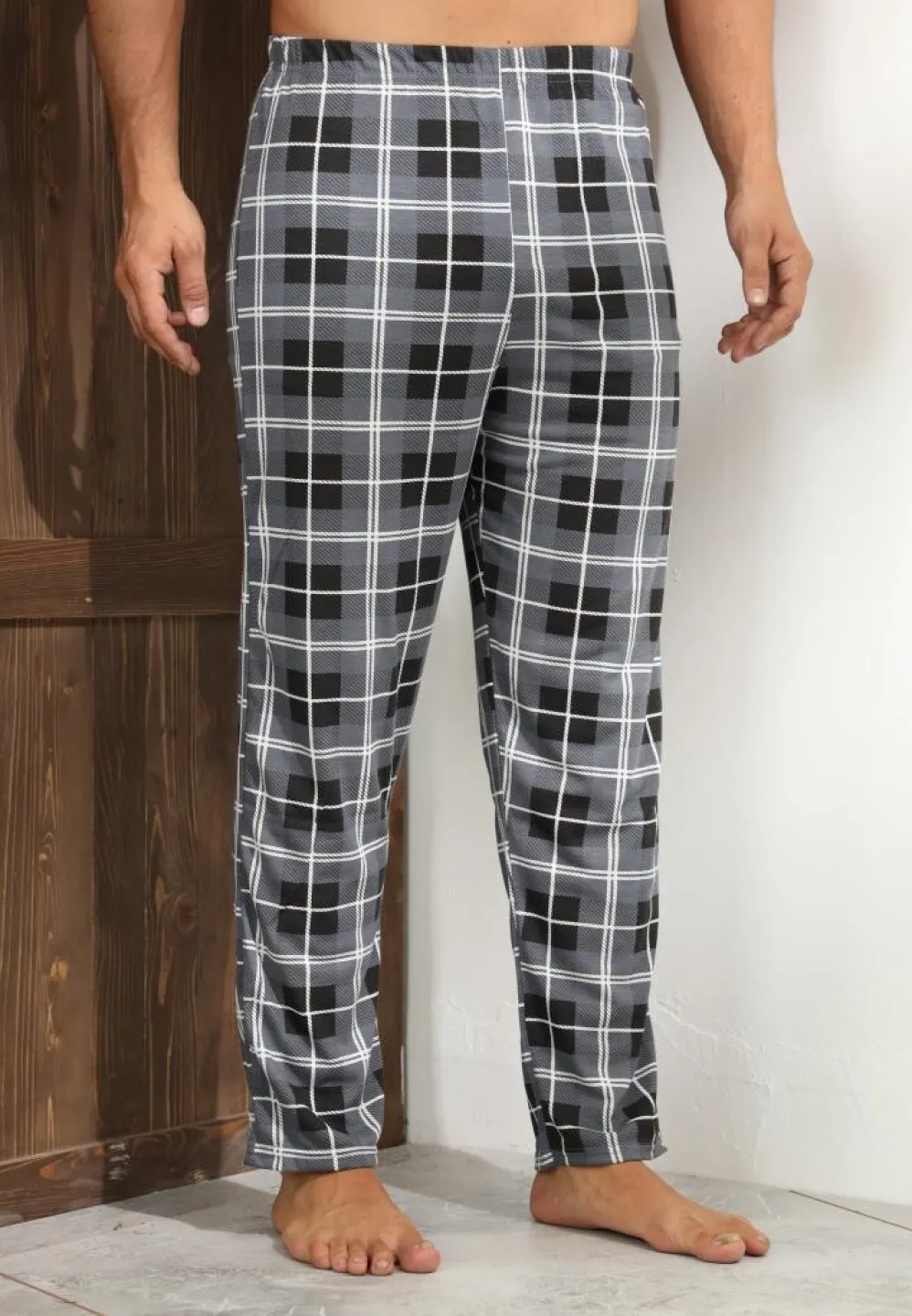 Pantalon pijama bărbați – gri în carouri, croială lejeră,M - 1