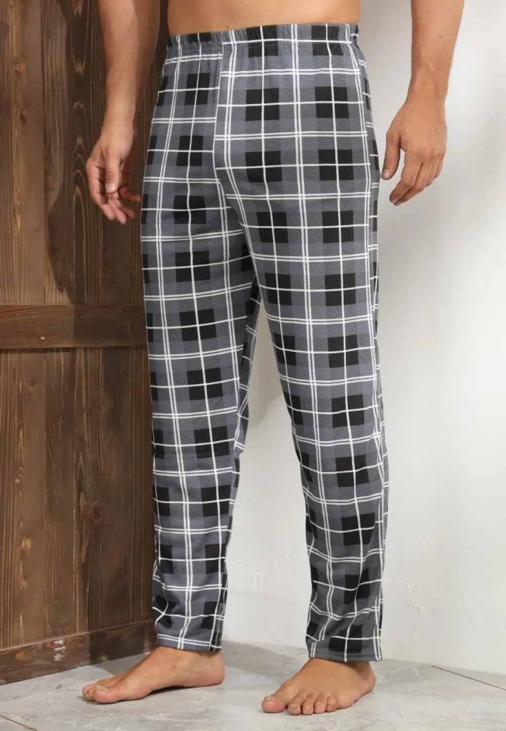 Pantalon pijama bărbați – gri în carouri, croială lejeră,M - 3
