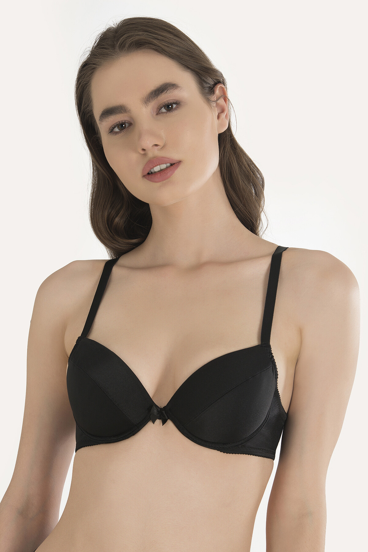 Sutien push-up cu jumătate de cupă, bretele fixe, Negru