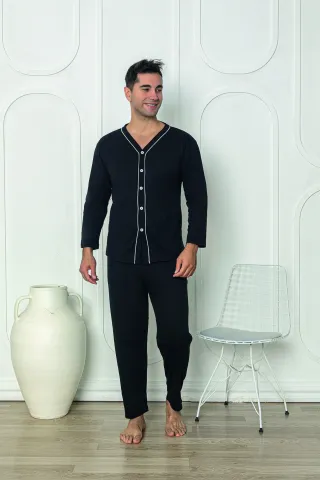 Pijama negru bărbat – mânecă lungă, nasturi, pantaloni lungi,M
