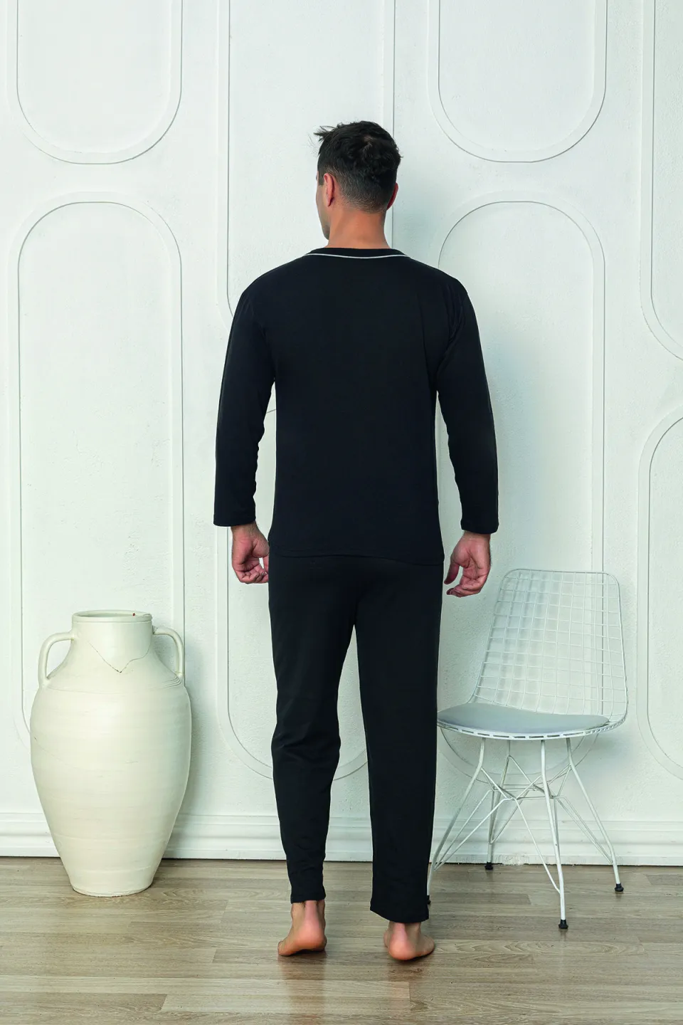 Pijama negru bărbat – mânecă lungă, nasturi, pantaloni lungi,M - 2