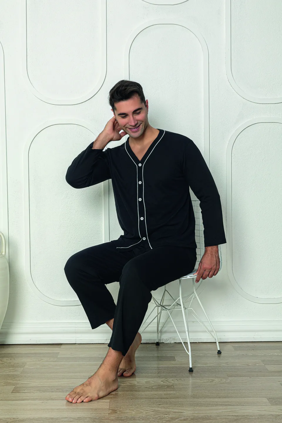Pijama negru bărbat – mânecă lungă, nasturi, pantaloni lungi,M - 3